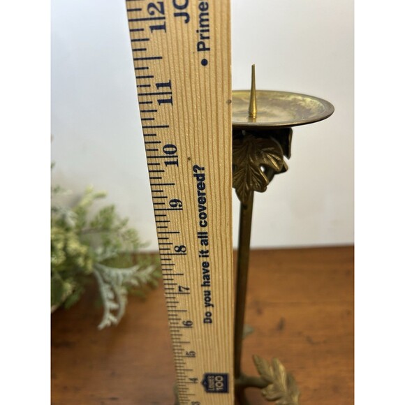 Vintage Brass Pillar Candle Holder With Leaf Motif 10” Tall - Picture 7 of 8